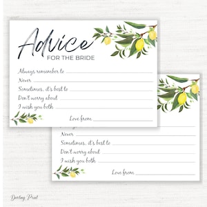 Consejos para la Tarjeta de novia, Consejos para la futura señora, Consejos para tarjetas de novia, Buenos deseos para que la novia sea, Bridal Shower tema limón