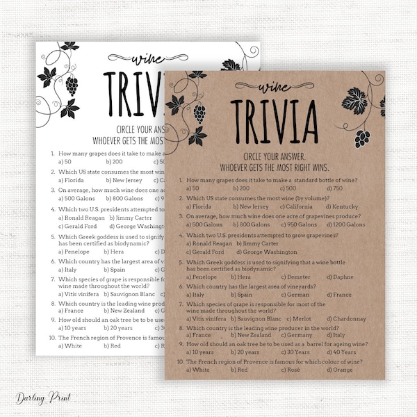 wine trivia bridal shower games, Wine Tasting Quiz, guess the wine fact, rustic Christmas Birthday Holiday Girls Night, instant download