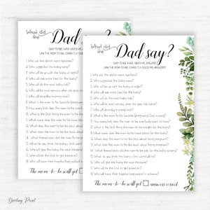 What did the Dad say, What Did the Daddy Say baby shower game, baby shower activity, printable, couple baby Shower game, Greenery baby game.
