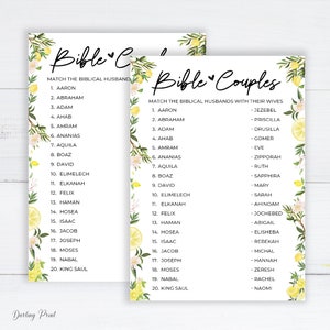 Op de afbeelding: Een printbare spelkaart met een citroen- en bloeiende ontwerp. De kaart heeft de titel "Bible Couples" en somt bijbelse echtgenoten en hun vrouwen op. De kaart is ontworpen voor een spel waarbij spelers de echtgenoten en vrouwen moeten matchen.