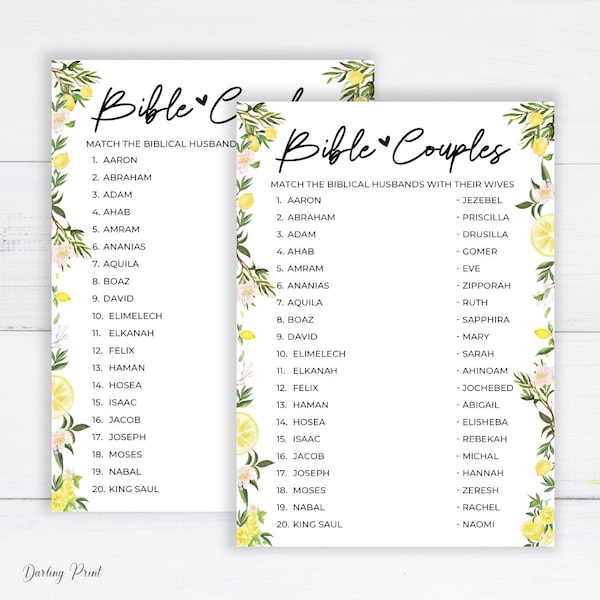 Biblical Couples Game, Bible Couples Quiz, Church Bridal Shower Games, Bible Couples Game, Christian Catholic lemon bridal shower games