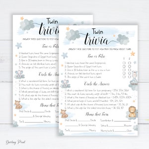 Twin Trivia Baby Shower Games, TRUE or FALSE- Twins Trivia Baby Shower Game, Animal theme Twin Trivia Games, baby elephant Twin Quiz