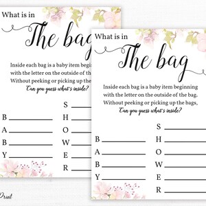 What&#39;s In The Bag Baby Shower Games, Pink blues Guess What is in the Bag,  floral Baby Shower, gender neutral baby shower, coed baby shower
