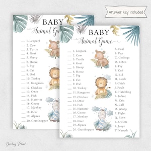 Baby dieren spel babyshower, Name That Baby dieren Douche Spelletjes, Raad Baby Dieren kaart, Baby Douche Spelletjes, Safari Jungle babyshower