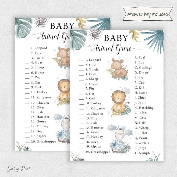 Baby animal game baby shower, Name That Baby animal Shower Games, Guess Baby Animals card, Baby Shower Games, Safari Jungle baby shower