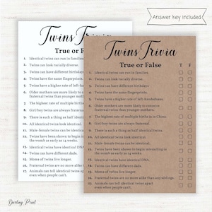 Twin Trivia Baby Shower Game, Twins Baby Shower true or false, Twin Quiz, true or false Baby Shower Games, rustic baby shower, printable