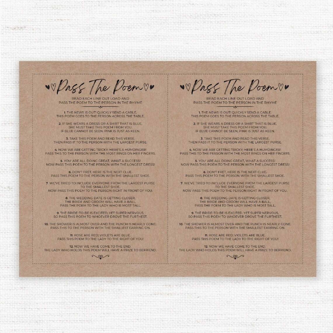 Pass the Poem Bridal Shower Games, Gift Passing Poem, Rustic Bridal
