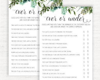 Over or Under Baby Shower Game, Minimalist Baby Shower Game, Baby Shower Quiz, Greenery Baby Shower game, Instant Download, Printable
