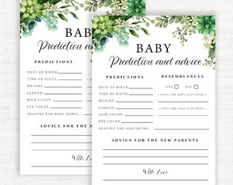 May include: Two printable baby shower game cards with a green and white floral design. The cards have a section for predictions about the baby, including date of birth, time of birth, weight, length, hair color, eye color, and a space to imagine the baby being. The cards also have a section for advice for the new parents.