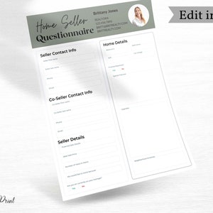 Real Estate Home Seller Questionnaire, Editable Seller Survey Questionnaire, Client Questionnaire Form, Seller Consultation, Canva Templates