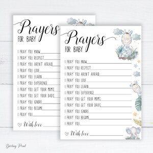 Prayers for Baby Cards, Baby Advice Cards, Wishes for Baby, Animal theme Baby shower games, Elephant baby prayer wish cards, printable.