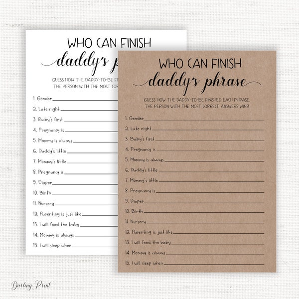 Who Can Finish Daddy's Phrase, Finish Dad Phrase, Rustic Baby Shower Game Printable, Funny Baby Shower Games, Baby Shower Activity