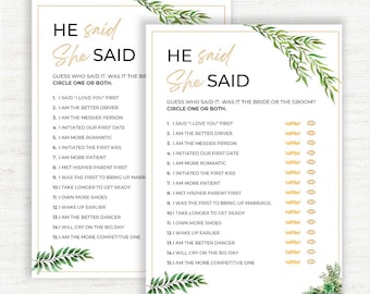 He Said She Said bridal shower games, Who Said It Bridal Shower game, Bride or Groom Game, Guess Who Said It, eucalyptus greenery Game.
