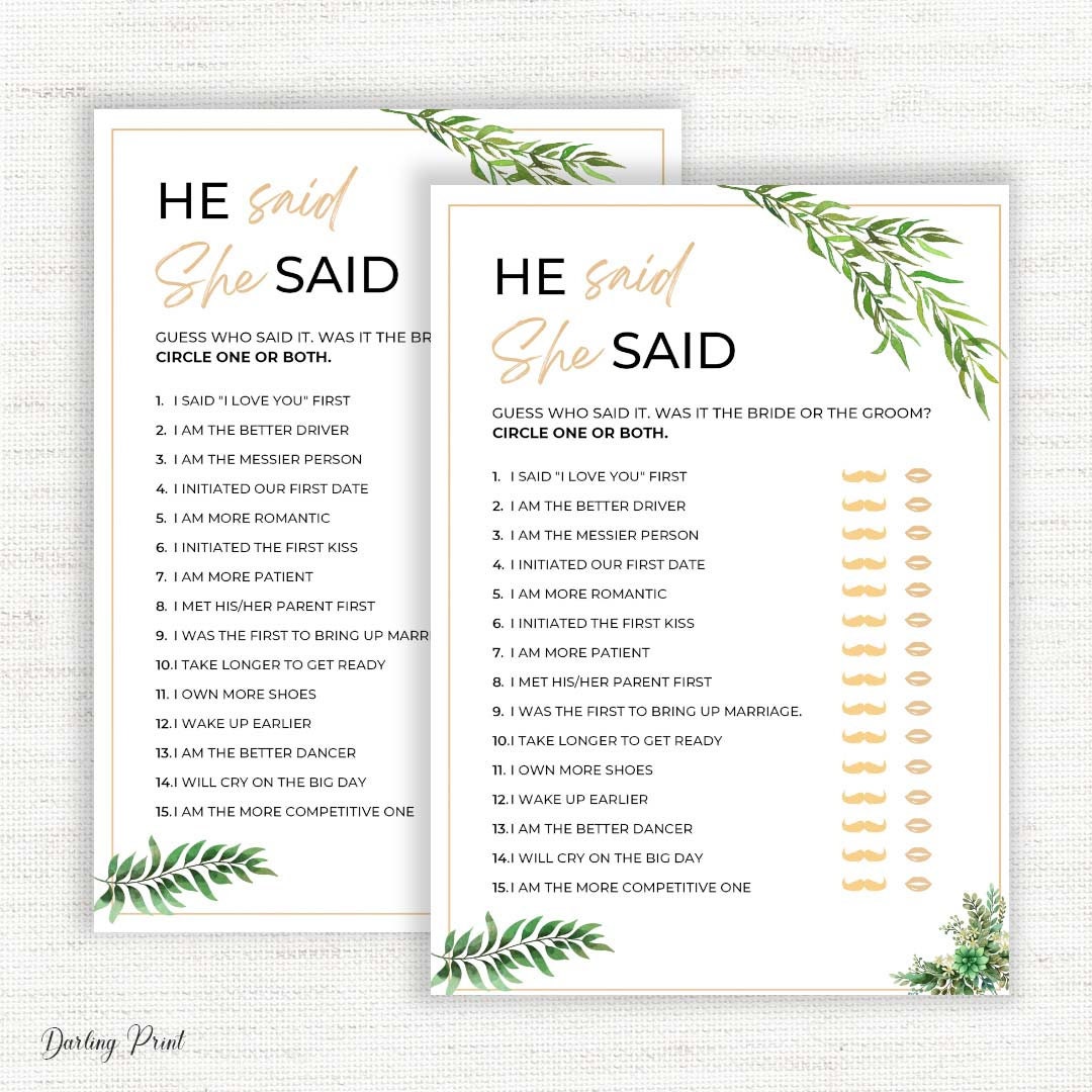 He Said She Said Bridal Shower Games Who Said It Bridal - Etsy