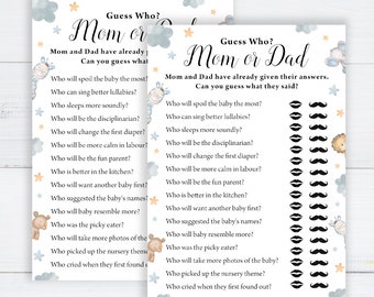 Puede incluir: Dos tarjetas de juego para baby shower con un diseño de acuarela. Las tarjetas presentan el texto "¿Adivina quién? Mamá o Papá" y una serie de preguntas sobre los futuros padres. Elementos decorativos: estrellas, nubes y una jirafa.