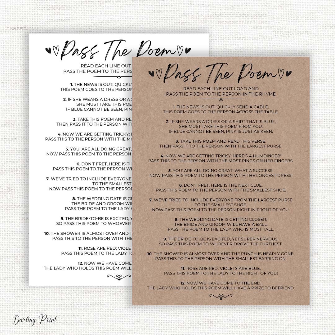 Pass the Poem Bridal Shower Games, Gift Passing Poem, Rustic Bridal ...