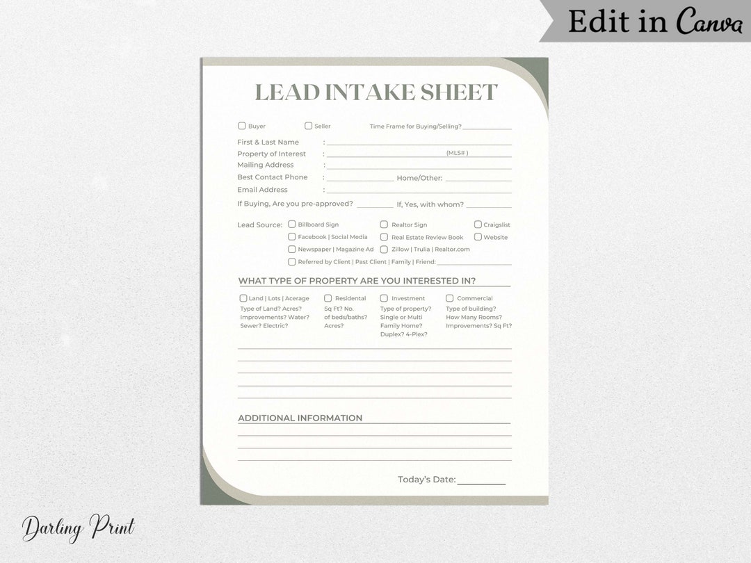 Lead Intake Sheet for Realtors Lead Tracking Forms Real