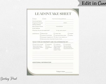 Lead Intake Sheet for realtors, Lead Tracking Forms, real estate agents Lead Form, Lead Intake form, Editable lead tracker, lead generation