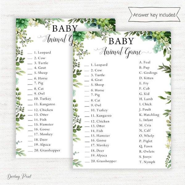 Baby animal game baby shower, Name That Baby animal Shower Games, Leaf Greenery Guess Baby Animals card,  Eucalyptus Baby Shower Games