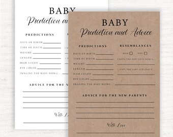 May include: Two printable baby shower game cards with brown and white backgrounds. The cards have the text "Baby Prediction and Advice" and include sections for guests to predict the baby's birth date, time, weight, length, hair and eye color, and to write advice for the new parents.