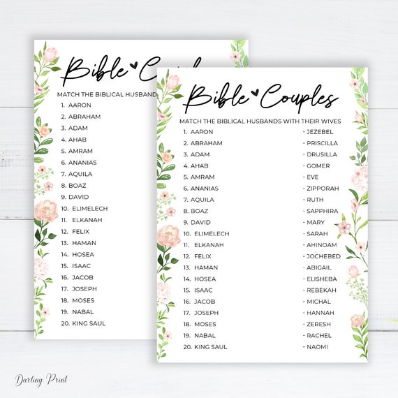 Biblical Couples Game Bible Couples Quiz Church Bridal Shower Games Pink Blush Bible Couples Game Christian Catholic Rose Theme Shower Etsy