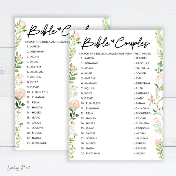 Biblical Couples Game, Bible Couples Quiz, Church Bridal Shower Games, pink blush Bible Couples Game, Christian Catholic rose theme shower