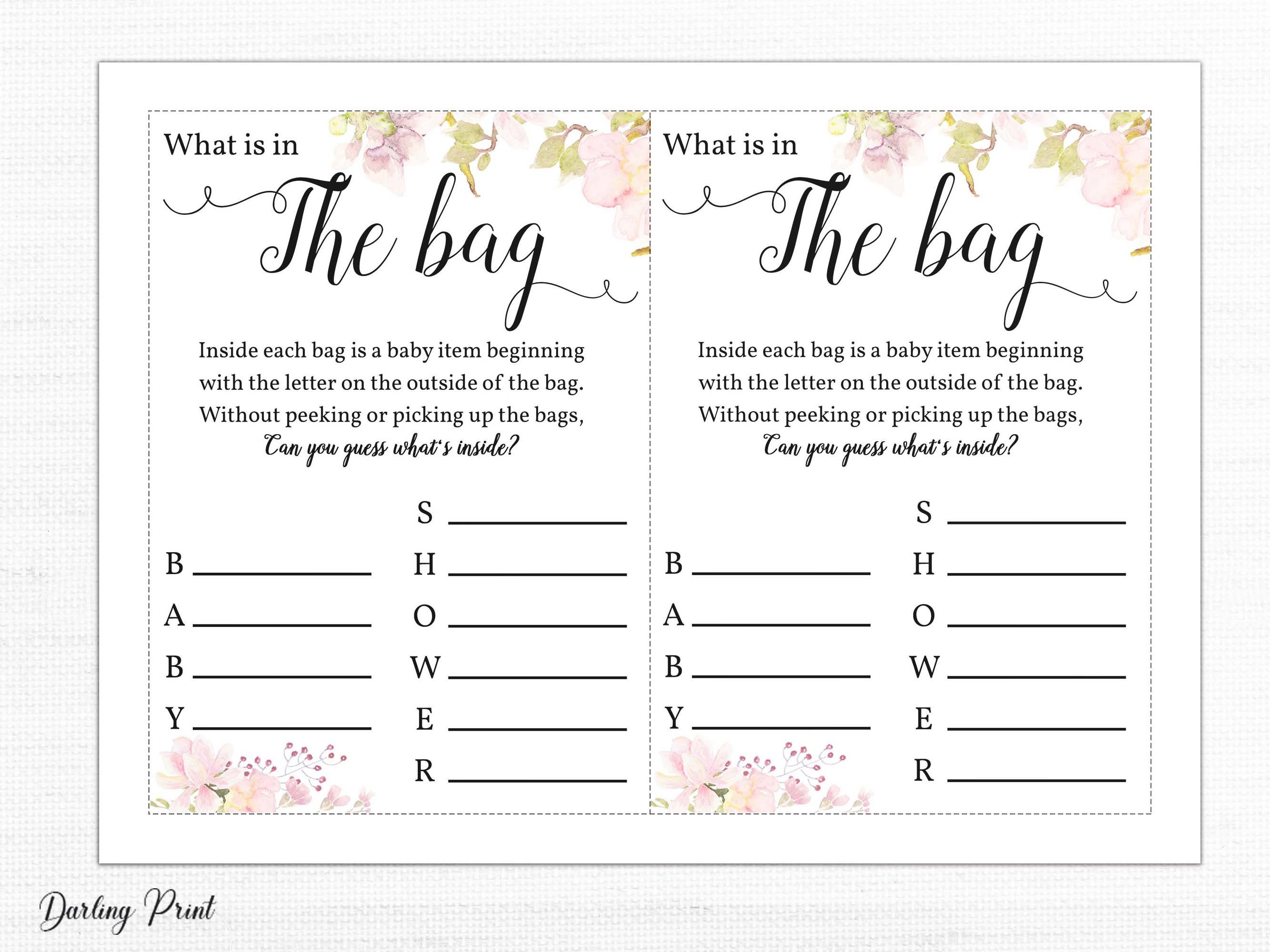 What's in the Bag Baby Shower Games, Pink Blues Guess What is in the