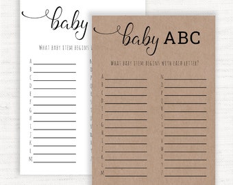 Baby abc game, a to z item name Baby shower Games, baby items game, Rustic Baby Shower Game, Instant Download, alphabet game, guessing game