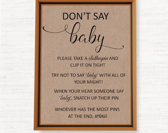 Don't Say Baby Game, Don't Say Baby Shower Games, rustic don't say baby sign, Don't Say Baby Clothespin Shower Game Table Sign, Printable
