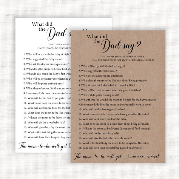 What did the Dad say, What Did the Daddy Say baby shower game, baby shower activity, printable, couples baby Shower game, kraft baby game.