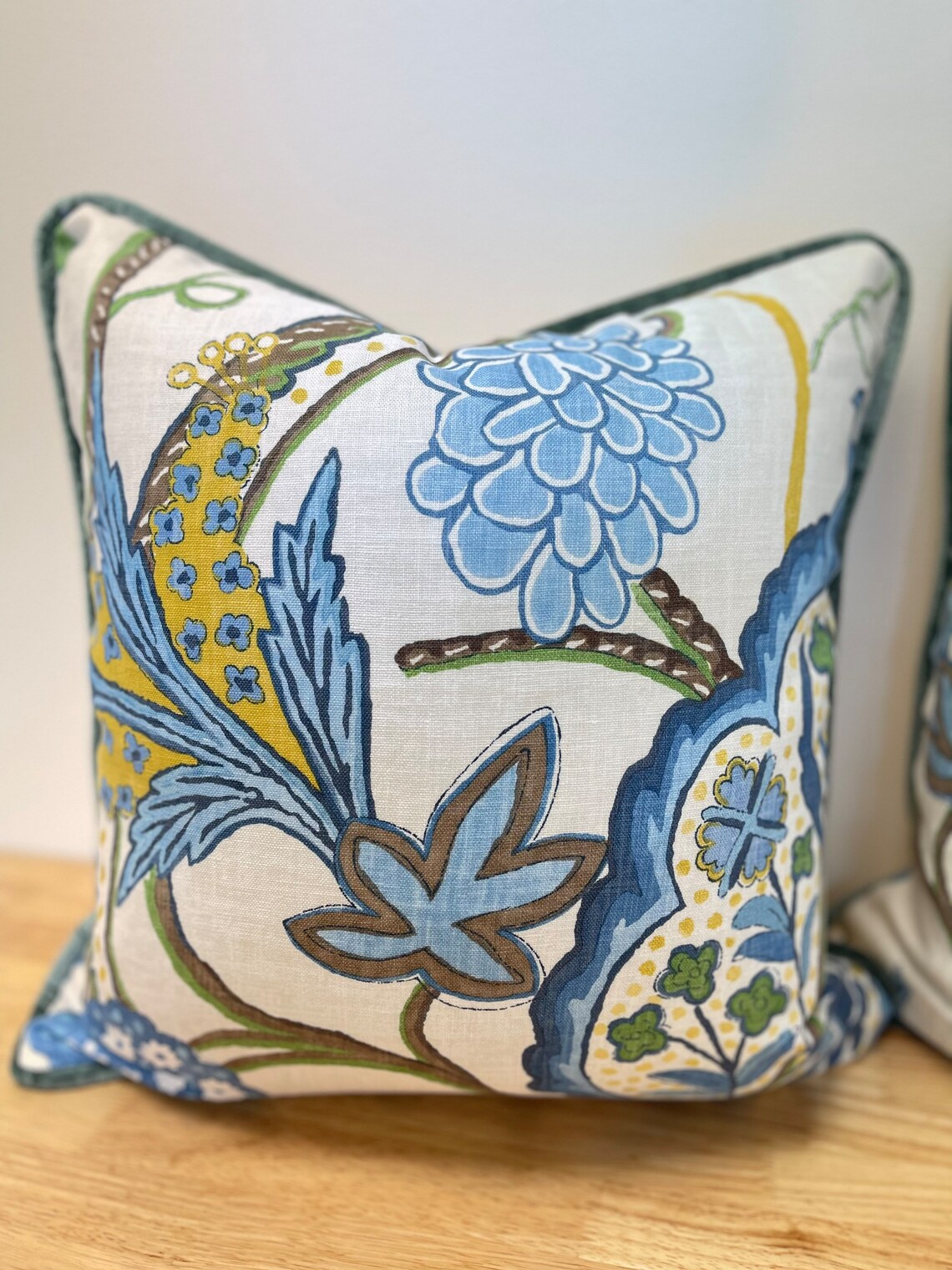 Pair of Thibaut Windsor Blue and Yellow Pattern Pillow Covers, With