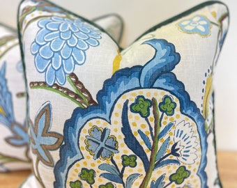 Pair of Thibaut Windsor Blue and Yellow Pattern Pillow Covers, with Green Velvet Cording.Designer Throw Pillow. Size 22” x 22”