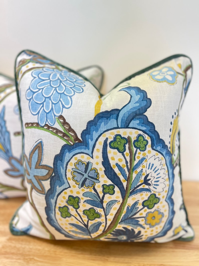 Pair of Thibaut Windsor Blue and Yellow Pattern Pillow Covers, With