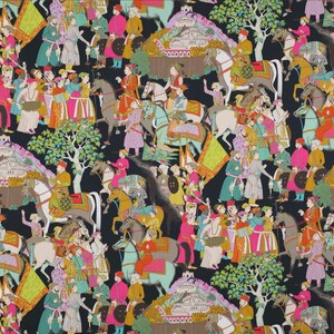May include: A colorful and intricate illustration featuring people riding horses and elephants, set against a black background. The scene is filled with vibrant colors and intricate details, including floral patterns and geometric designs.