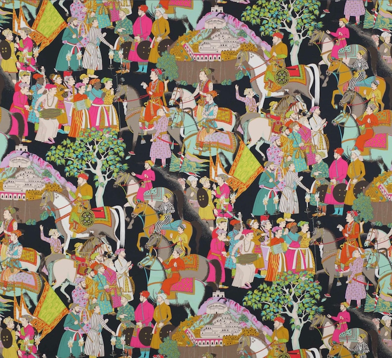 May include: A colorful and intricate illustration featuring people riding horses and elephants, set against a black background. The scene is filled with vibrant colors and intricate details, including floral patterns and geometric designs.