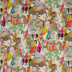 May include: A colorful and intricate illustration of a procession of people on horseback, elephants, and camels. The scene is filled with vibrant colors and detailed figures, creating a lively and festive atmosphere.