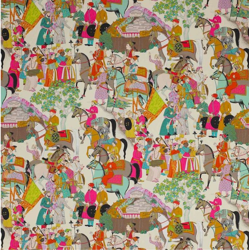 May include: A colorful and intricate illustration of a procession of people on horseback, elephants, and camels. The scene is filled with vibrant colors and detailed figures, creating a lively and festive atmosphere.