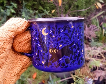 Cute black cat enamel mug - outdoors camping mug - tea or coffee lover gift