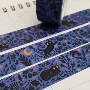 Cute black cat washi tape "Summer Night" - journaling - scrapbooking - kawaii stationery
