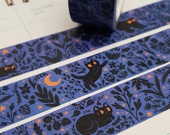 Cute black cat washi tape "Summer Night" - journaling - scrapbooking - kawaii stationery