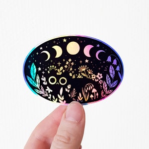 Black cat holographic sticker - "Moonlit meadow" - floral black cat and moon phases - celestial cat -  cute gift for cat lover