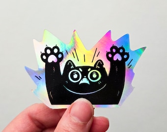 Black cat holographic sticker - "Attack!" - cute gift for cat lover