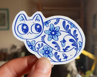 White cat with blue flowers vinyl sticker / Cute floral cat art / Porcelain style waterproof sticker / gift for cat lover
