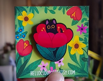 Flower cat wooden pin / Cute cat in a red flower wooden brooch / gift for cat lover