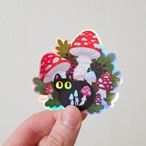 Chat noir aux champignons Autocollant vinyle HOLOGRAPHIQUE / Art des champignons mignon / autocollant imperméable à l’eau / cadeau pour les amoureux des chats