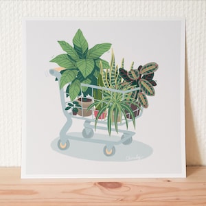 ショッピングカートに入った観葉植物のアートプリント / 「植物の友達」 / 植物の壁アート / 植物愛好家へのギフト