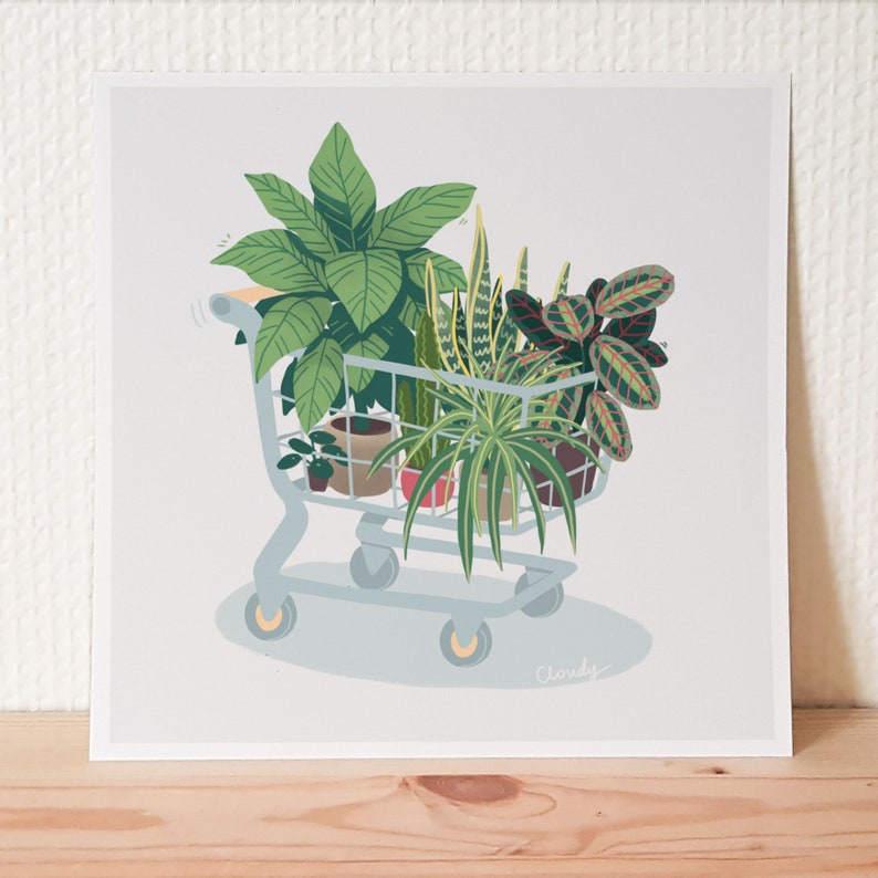House plants in a shopping cart art print / Plant friends / plant wall art / plant lover gift image 1