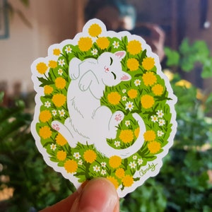 Sticker vinyle chat blanc mignon / Chat avec pissenlits jaunes / Sticker imperméable / Cadeau pour amoureux des chats