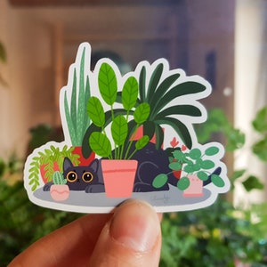 Adorable vinyle autocollant chat noir et plantes d'intérieur / « Panthère domestique » / autocollant imperméable / cadeau pour amoureux des chats