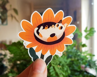 Calico cat vinyl sticker / Cute cat on a sunflower / waterproof sticker / gift for cat lover